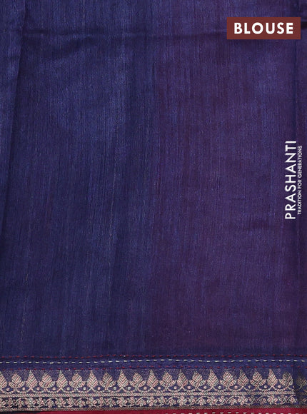 Munga tussar silk saree maroon and navy blue with allover prints and zari woven kantha stitch work