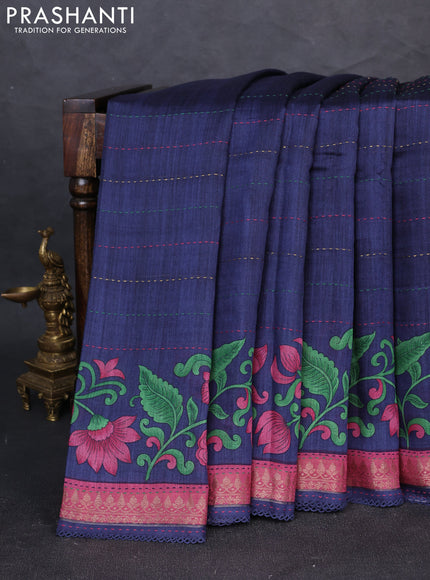 Munga tussar silk saree navy blue and maroon shade with allover prints & kantha stitch work and zari woven border