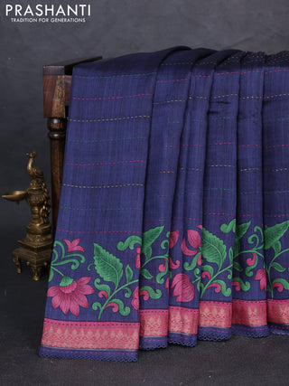Munga tussar silk saree navy blue and maroon shade with allover prints & kantha stitch work and zari woven border