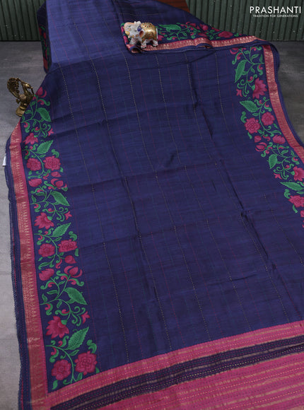 Munga tussar silk saree navy blue and maroon shade with allover prints & kantha stitch work and zari woven border