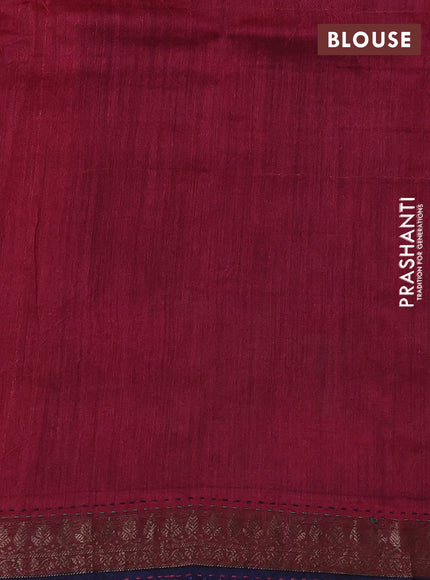 Munga tussar silk saree navy blue and maroon shade with allover prints & kantha stitch work and zari woven border