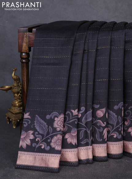 Munga tussar silk saree black and rosy brown with allover prints & kantha stitch work and zari woven border