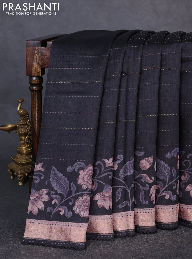 Munga tussar silk saree black and rosy brown with allover prints & kantha stitch work and zari woven border