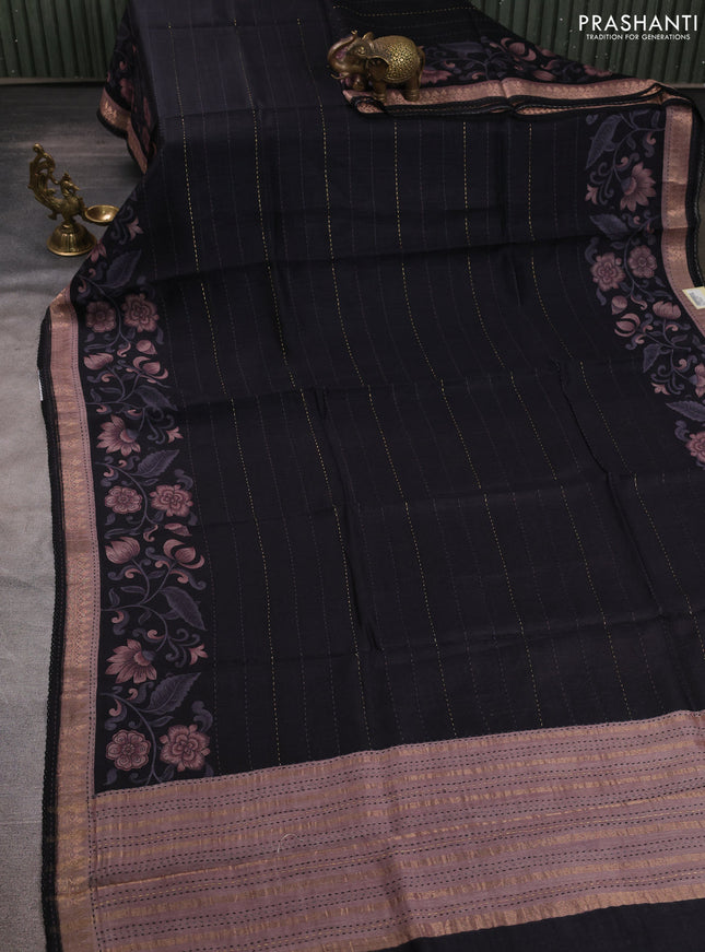 Munga tussar silk saree black and rosy brown with allover prints & kantha stitch work and zari woven border
