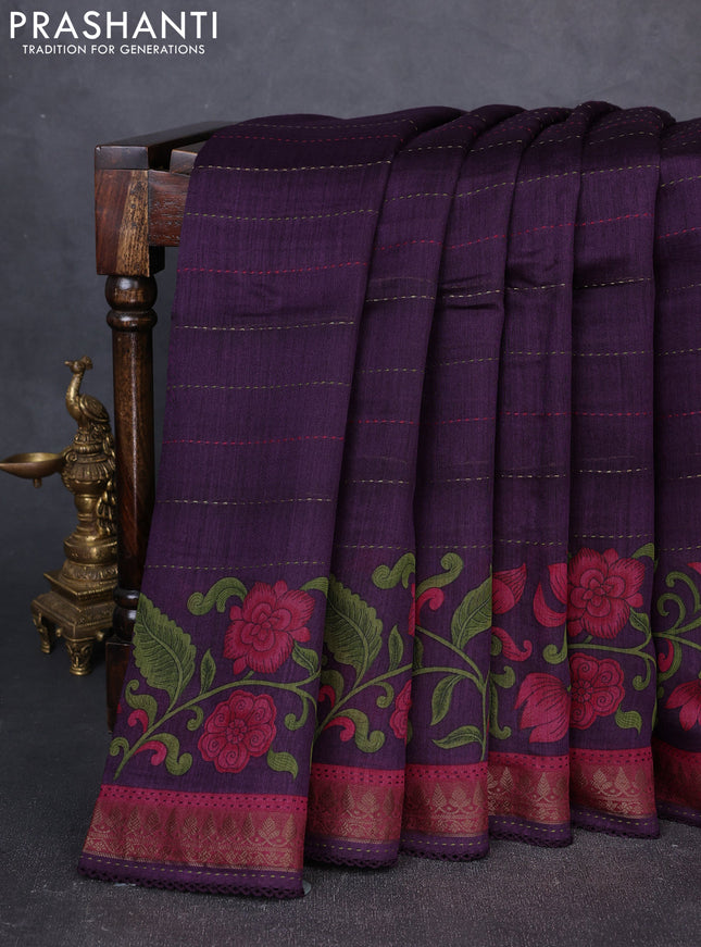 Munga tussar silk saree purple and pink with allover prints & kantha stitch work and zari woven border