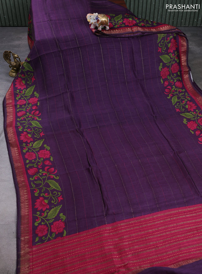 Munga tussar silk saree purple and pink with allover prints & kantha stitch work and zari woven border
