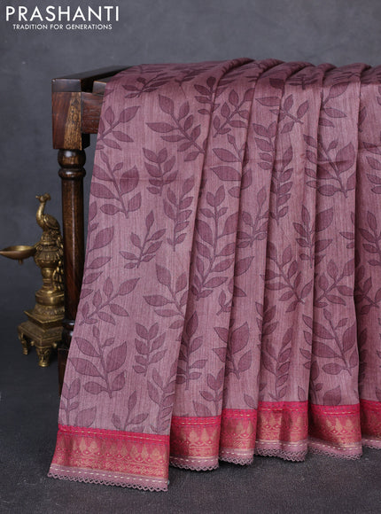 Munga tussar silk saree rosy brown and maroon shade with allover prints and zari woven kantha stitch work
