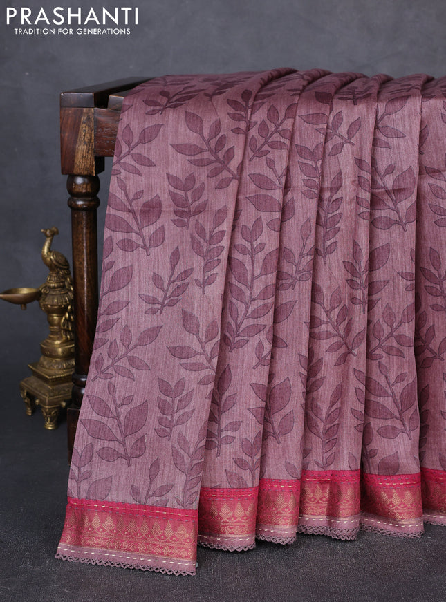 Munga tussar silk saree rosy brown and maroon shade with allover prints and zari woven kantha stitch work