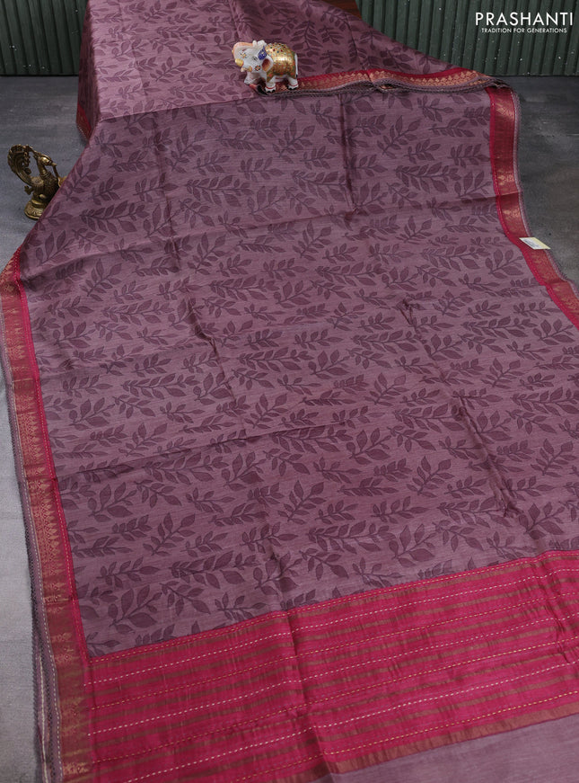 Munga tussar silk saree rosy brown and maroon shade with allover prints and zari woven kantha stitch work