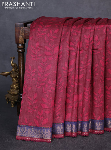 Munga tussar silk saree maroon and navy blue with allover prints and zari woven kantha stitch work