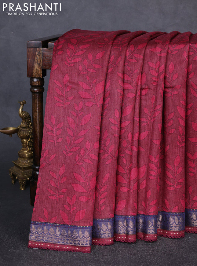 Munga tussar silk saree maroon and navy blue with allover prints and zari woven kantha stitch work