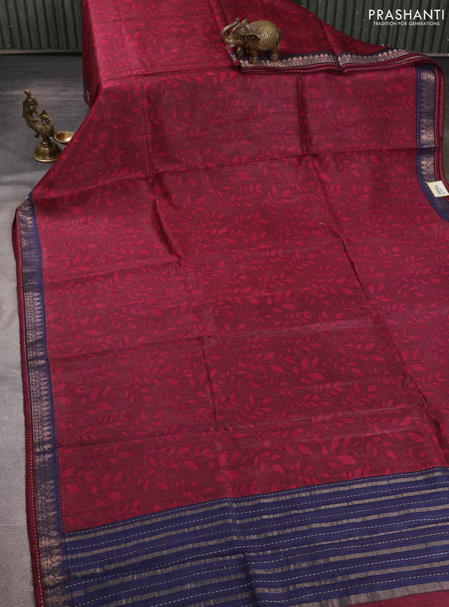 Munga tussar silk saree maroon and navy blue with allover prints and zari woven kantha stitch work