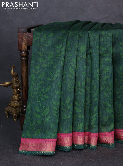 Munga tussar silk saree green and pink shade with allover prints and zari woven kantha stitch work