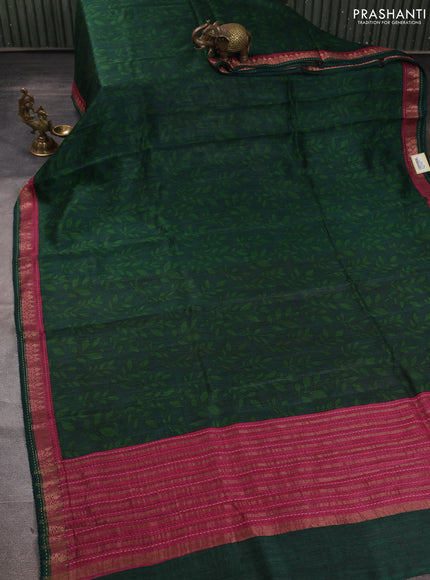 Munga tussar silk saree green and pink shade with allover prints and zari woven kantha stitch work