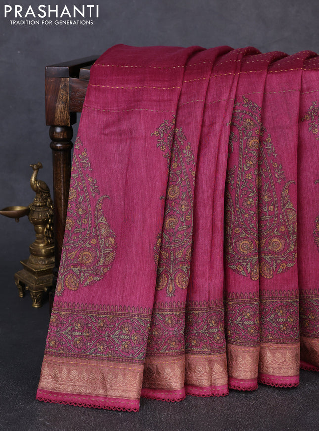 Munga tussar silk saree magenta pink and brown shade with allover prints & kantha stitch work and zari woven border