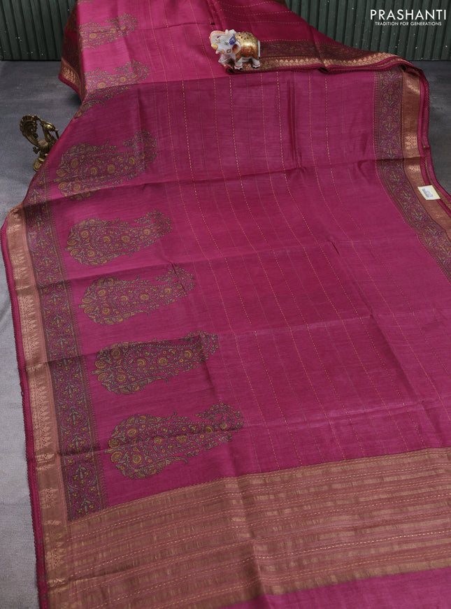 Munga tussar silk saree magenta pink and brown shade with allover prints & kantha stitch work and zari woven border