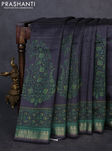 Munga tussar silk saree dark grey and green with allover prints & kantha stitch work and zari woven border