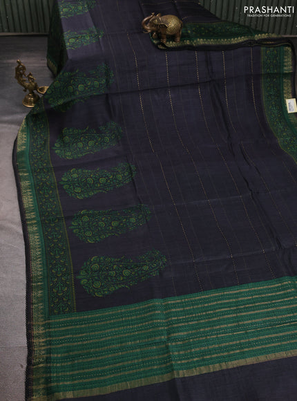 Munga tussar silk saree dark grey and green with allover prints & kantha stitch work and zari woven border