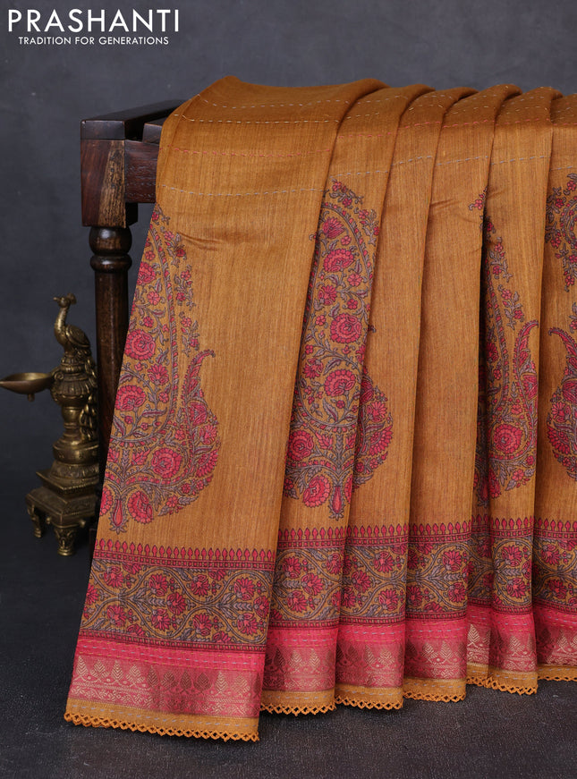 Munga tussar silk saree dark mustard and maroon shade with allover prints & kantha stitch work and zari woven border