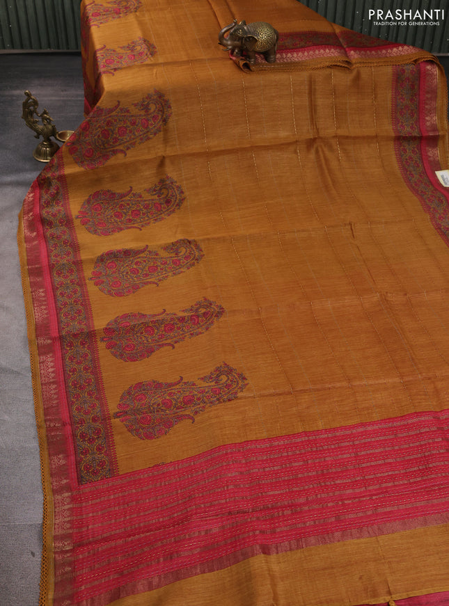 Munga tussar silk saree dark mustard and maroon shade with allover prints & kantha stitch work and zari woven border