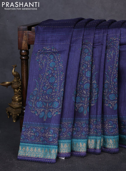 Munga tussar silk saree navy blue and teal blue with allover prints & kantha stitch work and zari woven border