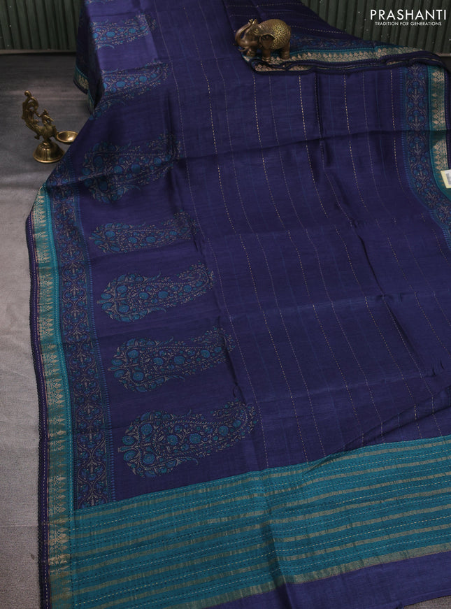 Munga tussar silk saree navy blue and teal blue with allover prints & kantha stitch work and zari woven border