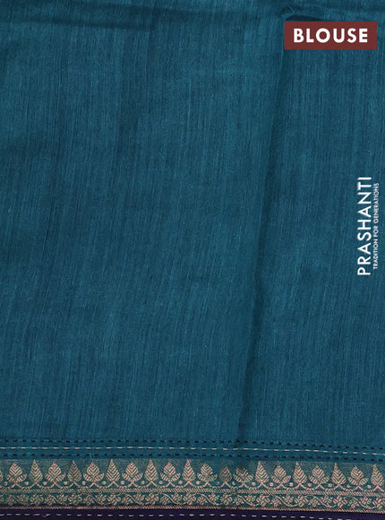 Munga tussar silk saree navy blue and teal blue with allover prints & kantha stitch work and zari woven border