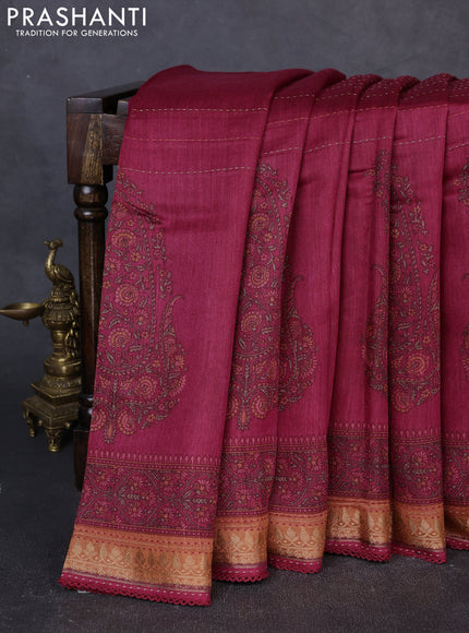 Munga tussar silk saree maroon shade and orange with allover prints & kantha stitch work and zari woven border