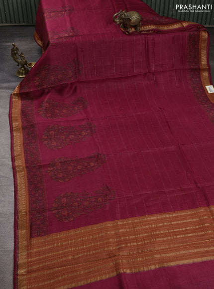 Munga tussar silk saree maroon shade and orange with allover prints & kantha stitch work and zari woven border