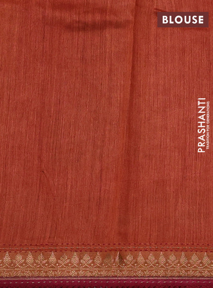 Munga tussar silk saree maroon shade and orange with allover prints & kantha stitch work and zari woven border