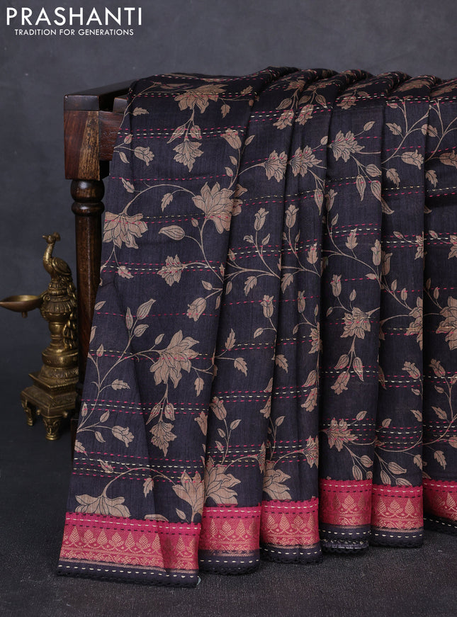 Munga tussar silk saree black and maroon shade with allover prints & kantha stitch work and zari woven border