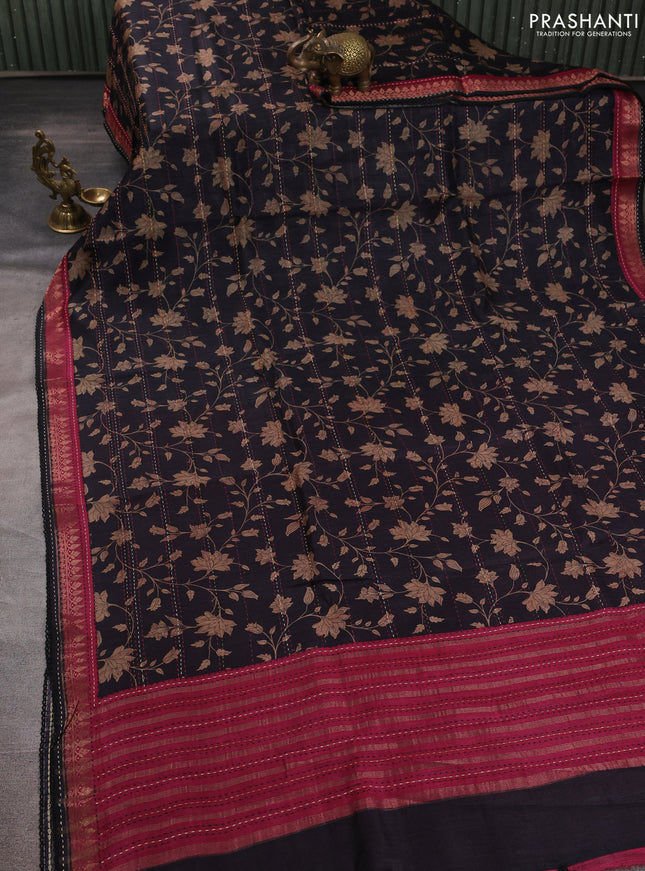 Munga tussar silk saree black and maroon shade with allover prints & kantha stitch work and zari woven border