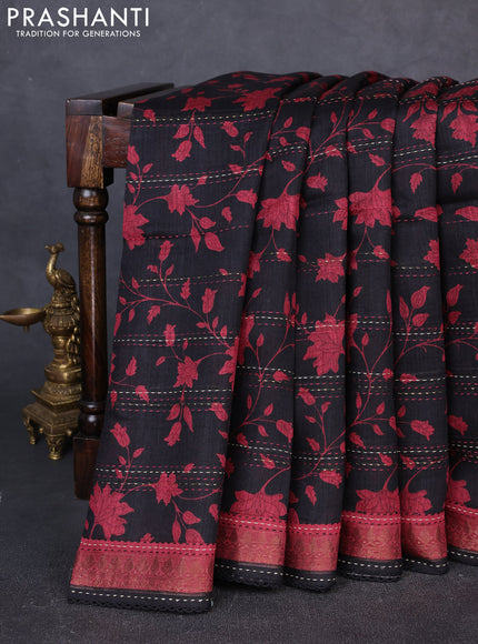 Munga tussar silk saree black and maroon shade with allover prints & kantha stitch work and zari woven border
