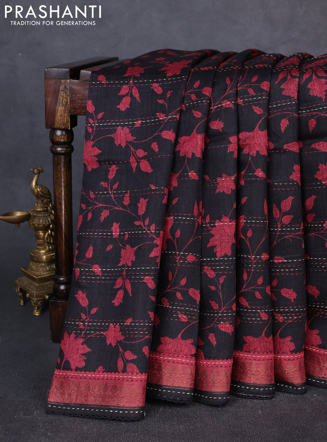 Munga tussar silk saree black and maroon shade with allover prints & kantha stitch work and zari woven border