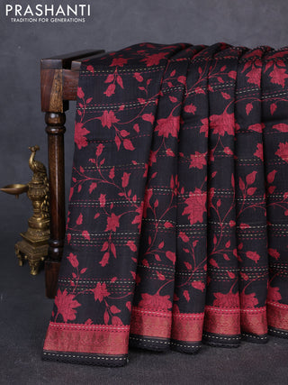 Munga tussar silk saree black and maroon shade with allover prints & kantha stitch work and zari woven border