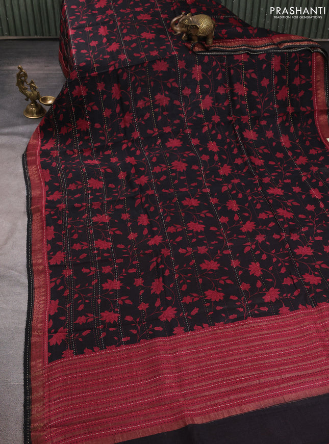 Munga tussar silk saree black and maroon shade with allover prints & kantha stitch work and zari woven border