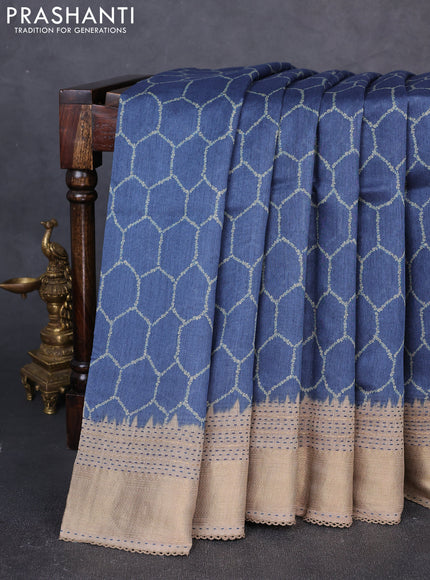 Munga tussar silk saree bluish grey and beige with allover prints and zari woven kantha stitch work