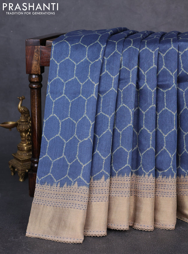 Munga tussar silk saree bluish grey and beige with allover prints and zari woven kantha stitch work