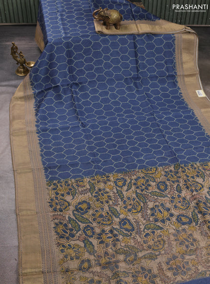 Munga tussar silk saree bluish grey and beige with allover prints and zari woven kantha stitch work
