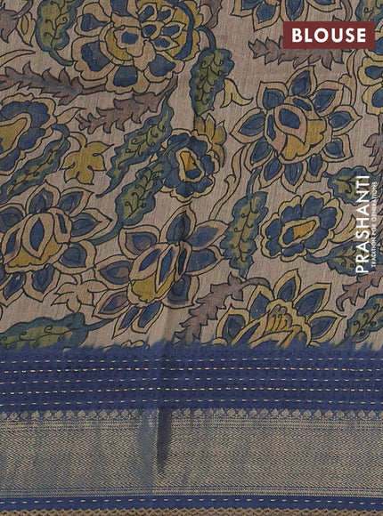 Munga tussar silk saree bluish grey and beige with allover prints and zari woven kantha stitch work