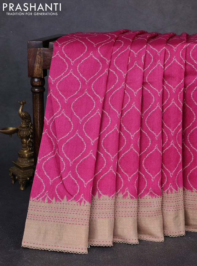 Munga tussar silk saree pink and beige with allover prints and zari woven kantha stitch work