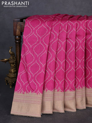 Munga tussar silk saree pink and beige with allover prints and zari woven kantha stitch work