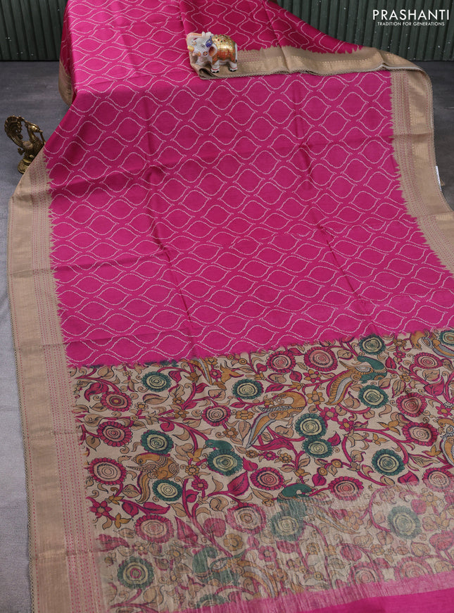 Munga tussar silk saree pink and beige with allover prints and zari woven kantha stitch work