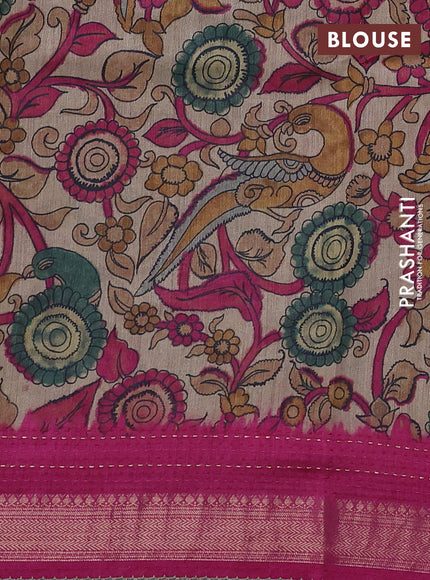 Munga tussar silk saree pink and beige with allover prints and zari woven kantha stitch work
