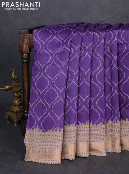 Munga tussar silk saree purple and beige with allover butta prints and zari woven kantha stitch work