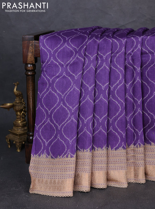 Munga tussar silk saree purple and beige with allover butta prints and zari woven kantha stitch work