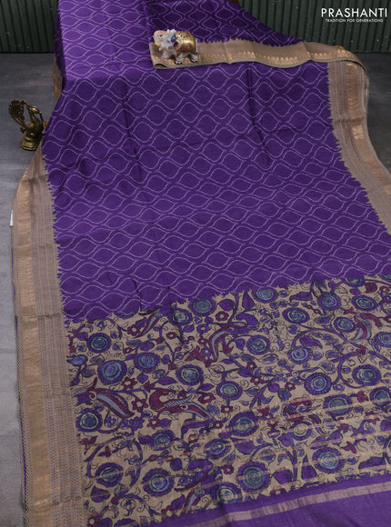 Munga tussar silk saree purple and beige with allover butta prints and zari woven kantha stitch work