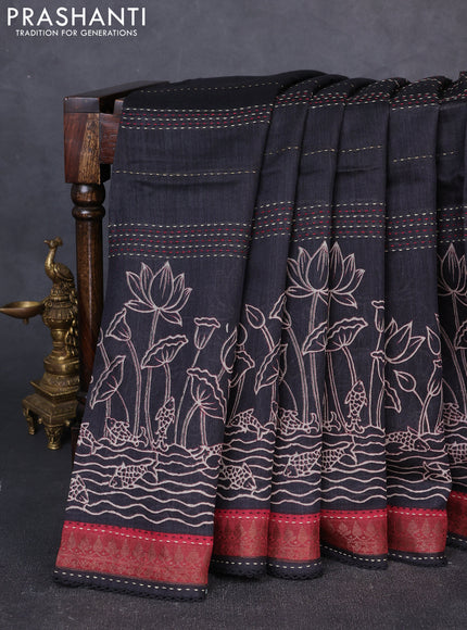 Munga tussar silk saree black and maroon shade with allover prints & kantha stitch work and zari woven border