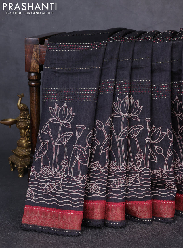 Munga tussar silk saree black and maroon shade with allover prints & kantha stitch work and zari woven border