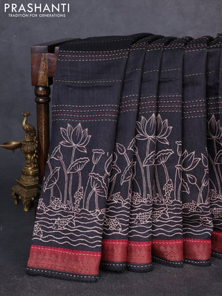 Munga tussar silk saree black and maroon shade with allover prints & kantha stitch work and zari woven border